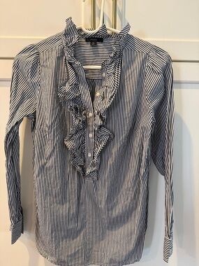 J. Crew Navy and White Striped Ruffle Front Blouse